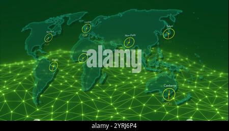 Image de, carte du monde avec fuseaux horaires et connexions réseau sur grille verte Banque D'Images