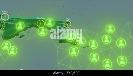 Image d'une carte du monde avec des icônes vertes brillantes et des fuseaux horaires, représentant le réseau de communication mondial Banque D'Images
