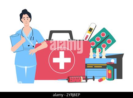 L'infirmière tient la planchette à pince près de la trousse de premiers soins, de la seringue et du thermomètre, des pilules et des suppositoires. Services d'urgence. Amélioration de la santé, télémédecine et Illustration de Vecteur