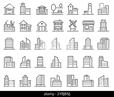 Icônes de ligne de construction. Architecture bâtiments urbains résidentiels, commerciaux, industriels et publics. Maison gratte-ciel, maison de ville. Hôpital, église Illustration de Vecteur