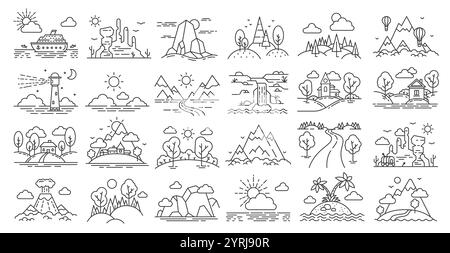 Paysages linéaires de montagnes, forêts et rivières, arbres et maisons, montgolfière et désert. Bateau de croisière, phare et volcans. Idéal pour Illustration de Vecteur