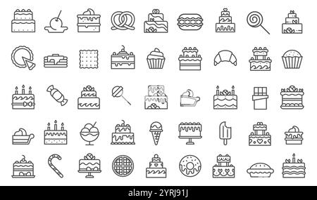Desserts gâteaux ligne icônes, cupcakes et bonbons, crème glacée et pâtisseries. Parfait pour la marque de boulangerie, les menus et les fêtes. Collection vectorielle de pâtisseries Illustration de Vecteur
