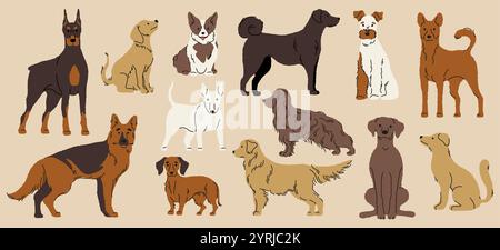 Collection de chiens différents. Races de chiots mignons de dessin animé, animaux domestiques drôles dans diverses poses et situations, personnages d'animaux de compagnie colorés. Vecteur isolé Illustration de Vecteur