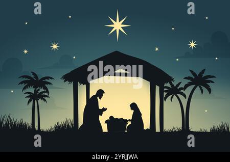 Nativité Noël Marie, Joseph, bébé Jésus nuit étoilée. Silhouette Jésus naissance Noël Bethléem nativité scène religieuse Illustration de Vecteur