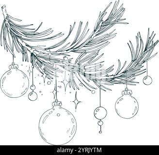 Branches de sapin, épicéa, cèdre avec boules et perles du nouvel an suspendues. Le dessin au trait est une illustration simple dessinée à la main à l'encre noire et blanche. Composition Illustration de Vecteur