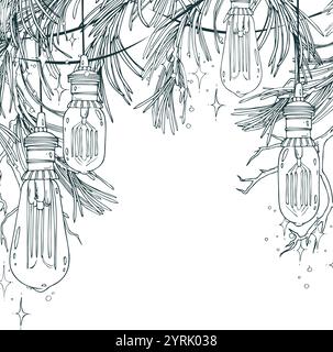 Ampoules Edison rétro suspendues avec des branches de pin avec des étoiles et des lumières. Le dessin au trait est une illustration simple dessinée à la main à l'encre noire et blanche. Modèle Illustration de Vecteur