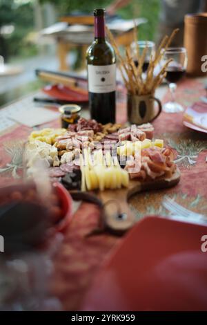 Un plateau de charcuterie rustique avec assortiment de fromages et de vin. Banque D'Images