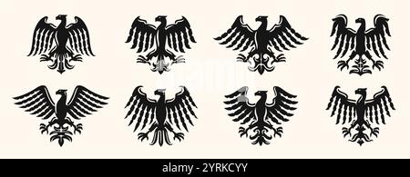 Aigle héraldique avec ailes déployées, jeu de symboles. Blason emblème de faucon d'oiseau. Illustration vectorielle des éléments de conception Illustration de Vecteur