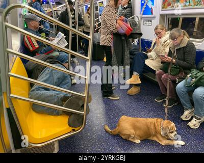 Homme sans-abri endormi dans un train de métro de la ligne A à New York le dimanche 24 novembre 2024. (© Frances M. Roberts) Banque D'Images