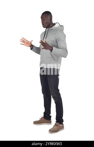 vue latérale d'un homme montrant une attitude surprise sur fond blanc Banque D'Images