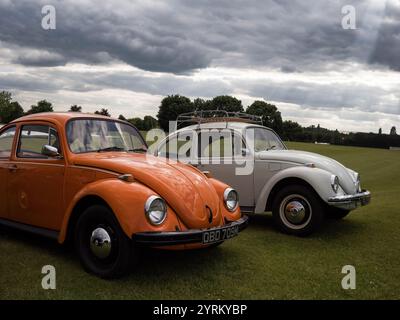 Deux coléoptères Volkswagen classiques à un salon automobile Banque D'Images
