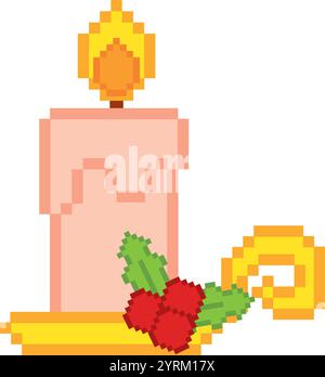 Bougie de Noël pixel art avec vecteur de décoration houx Illustration de Vecteur