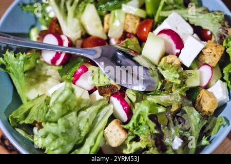 Gros plan d'une salade vibrante dans un bol bleu. La salade contient de la laitue, des concombres, des radis, des tomates cerises, du fromage feta, et des croûtons. A met Banque D'Images
