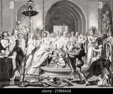 Baptême de Clovis par Saint Remigius, cathédrale de Reims, 496, Clovis, Chlodovechus, Chlodwig I., Chlodowech, 466-511, roi des Francs de la dynastie mérovingienne Banque D'Images