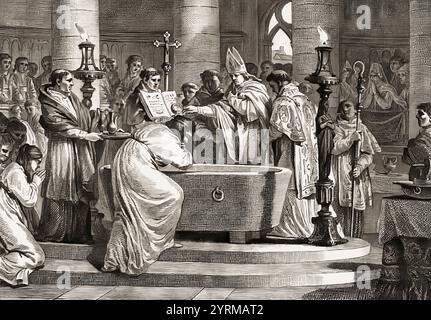 Baptême de Clovis par Saint Remigius, cathédrale de Reims, 496, Clovis, Chlodovechus, Chlodwig I., Chlodowech, 466-511, roi des Francs de la dynastie mérovingienne Banque D'Images