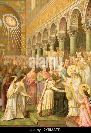 Baptême de Clovis par Saint Remigius, cathédrale de Reims, 496, Clovis, Chlodovechus, Chlodwig I., Chlodowech, 466-511, roi des Francs de la dynastie mérovingienne Banque D'Images