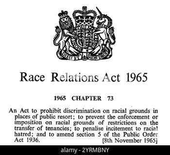 La loi de 1976 sur les relations raciales (chap. 74) a été adoptée par le Parlement du Royaume-Uni pour prévenir la discrimination fondée sur la race. Le champ d'application de la législation inclut la discrimination fondée sur la race, la couleur, la nationalité, l'origine ethnique et nationale dans les domaines de l'emploi, de la fourniture de biens et de services, de l'éducation et des fonctions publiques. Banque D'Images