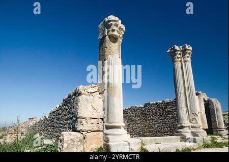 Maroc-Volubilis : ville romaine datant pour la plupart du 2ème et 3ème c. AD / abandonné par les Romains en 280 AD -ruines de la Maison des colonnes Banque D'Images