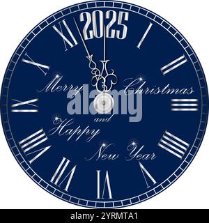 Joyeux Noël et nouvel an. Horloge du nouvel an 2025. Compte à rebours jusqu'à minuit. Fond bleu foncé. Illustration vectorielle. Illustration de Vecteur