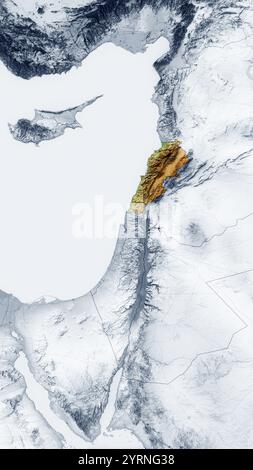 Carte physique du Liban, vue satellite du moyen-Orient, Syrie, Israël. Asie. Reliefs et océans. rendu 3d. Banque D'Images