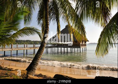 Bar et restaurant sur pilotis, hôtel Playa Tortuga, île de Colon, archipel de Bocas del Toro, République du Panama, Amérique centrale Banque D'Images