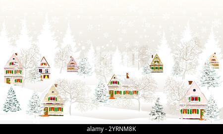 Paysage rural hivernal. Veille de Noël. Maisons couvertes de neige. Forêt enneigée. Nuit de Noël. Illustration de Vecteur