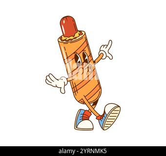 Dessin animé groovy American Corndog fast food personnage. Vecteur isolé hot-dog drôle ou chien de maïs, personnage de nourriture de junk de rue. Repas rétro avec saucisses et ambiance funky pour bistrot, restaurant à emporter, café Illustration de Vecteur