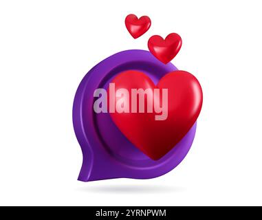 icône de média social, de réseau vectoriel ou d'application mobile de bulle de message cœur d'amour 3d. Les médias sociaux comme message, commentaire et notification de réaction bulle de discours de cercle violet avec des cœurs d'amour rouge brillant Illustration de Vecteur