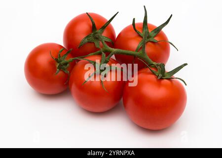 Tomates fraîches sur fond blanc. Tomates mûres et fraîches nettoyées. Banque D'Images