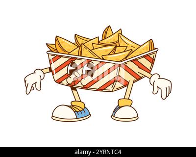 Dessins animés groovy quartiers de pommes de terre frites caractère fast food. Côtelettes de pomme de terre de vecteur dans une boîte en carton rayée. Personnage rétro funky fastfood dans des baskets hippie, menu de café pour enfants à emporter, repas indésirable, en-cas de légumes Illustration de Vecteur