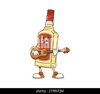 Dessin animé groovy personnage mexicain de bouteille de tequila avec des yeux expressifs, jouant de la guitare. Alcool vecteur isolé boisson personnage portant des baskets, avec une ambiance joyeuse et musicale, véhiculant une ambiance festive Illustration de Vecteur