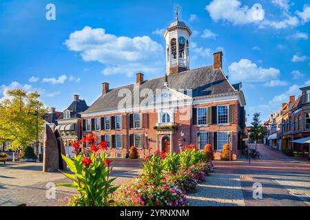 Vue sur la mairie de Dokkum avec des fleurs en premier plan, Frise, pays-Bas Banque D'Images