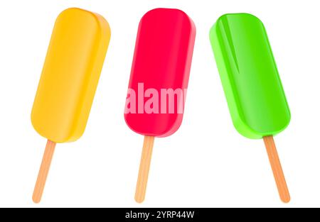 Barres de fruits congelées, popsicle de fruits colorés différents goûts, rendu 3D isolé sur fond blanc Banque D'Images