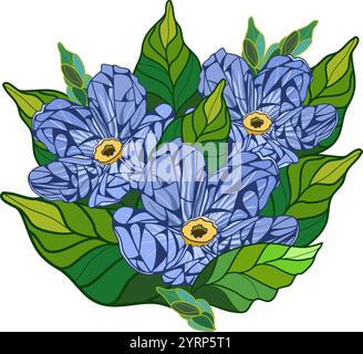 Bouquet floral avec des fleurs tropicales et des feuilles en technique de vitrail. Illustration vectorielle Illustration de Vecteur