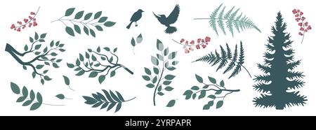 Ensemble d'art vectoriel plat présentant divers éléments forestiers, y compris des branches, des feuilles, des fougères, des baies. Illustration de Vecteur