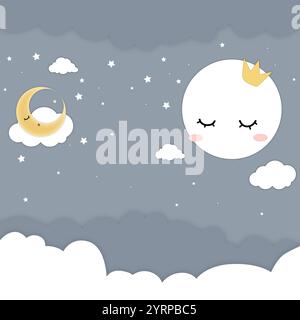 Une illustration fantaisiste avec une lune couronnée et un croissant de lune endormi parmi les nuages moelleux, parfait pour la décoration des enfants. Banque D'Images