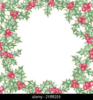 Couronne de houx avec des feuilles vertes denses et des grappes de baies rouges vives. Ilex cadre rond clipart d'aquarelle dessinée à la main. Idéal pour les invitations, les étiquettes cadeaux, les emballages saisonniers ou les impressions décoratives Banque D'Images