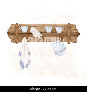 Pichet en porcelaine et serviette accrochés au crochet, tasses élégantes et support de serviette en lin plié sur étagère en bois. Illustration numérique aquarelle. Étagère brun chêne pour Banque D'Images