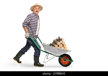 Agriculteur poussant une brouette avec du bois de chauffage et souriant isolé sur fond blanc Banque D'Images