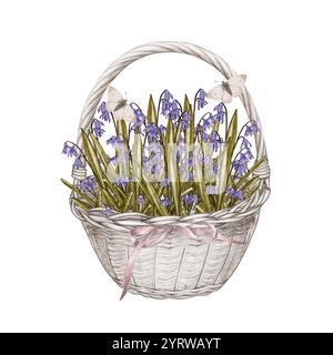 Panier léger avec tranches, petites fleurs bleues et violettes avec des papillons. Décor pour Pâques, décoration pour les vacances. Félicitations aux femmes, aux grands-mères. Cadeau d'anniversaire, anniversaire Banque D'Images