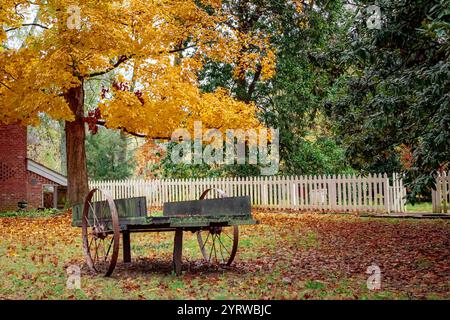 Véhicule de wagon en bois antique entouré d'arbres et de feuilles colorés de feuillage d'automne. Photo prise à Nashville Tennessee pendant la saison d'automne Banque D'Images