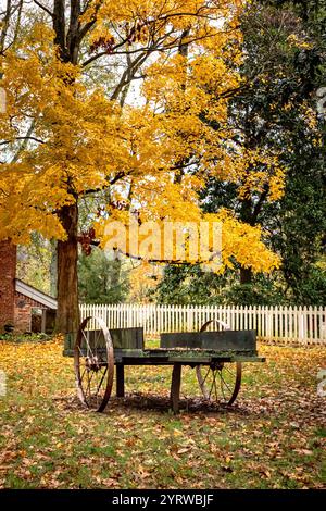 Véhicule de wagon en bois antique entouré d'arbres et de feuilles colorés de feuillage d'automne. Photo prise à Nashville Tennessee pendant la saison d'automne Banque D'Images