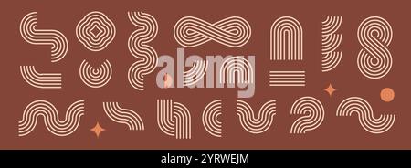 Ensemble d'éléments de ligne bohémienne. Motif de forme brune vague, zigzag et arc. Collection de courbes géo et d'arcs du milieu du siècle. Faisceau décoratif différent de forme ornementale pour badge, icône, affiche, bannière, modèle. Vecteur Illustration de Vecteur