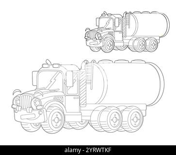 scène de dessin animé avec citerne de camion de cargaison sur fond blanc de page de coloration croquis de croquis isolé illustration pour les enfants Banque D'Images