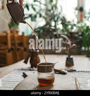 Verser une tasse de thé chaude dans un cadre intérieur confortable entouré de diverses plantes et de verdure Banque D'Images