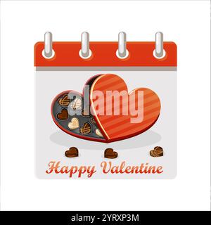 Calendrier pour Happy Valentine Day avec illustration de chocolats dans une boîte en forme de coeur. Boîte de chocolats Illustration de Vecteur