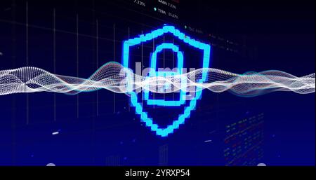 Image de l'icône de cadenas, traînées de lumière et traitement des données sur fond noir Banque D'Images