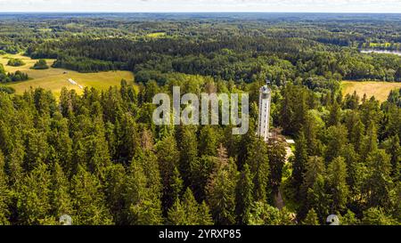 Tour d'observation Suure Munamae ou Suur Munamagi en Estonie, vue aérienne par drone Banque D'Images