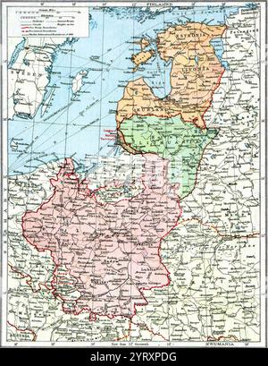 Carte de la Pologne, de la Lituanie, de la Livonie et de l'Estonie ; publiée dans l'édition 1920 de l'Atlas des peuples par le London Geographical Institute. La carte montre la situation après les traités de Versailles et de Brest Litovsk et avant la paix de Riga et l'organisation et la reconnaissance des états-Nations baltes d'Estonie et de Lettonie. Banque D'Images