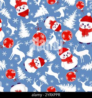 Modèle sans couture avec de mignons ours polaires dessinés à la main, des pins, des cerfs et des bois d'hiver enneigés sur fond bleu. Parfait pour textile, papier peint etc. Banque D'Images